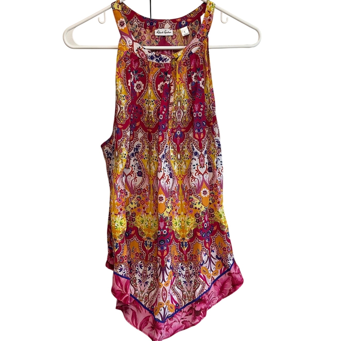 Robert Graham Sleeveless Blouse Womens L Silk Blend Paisley Handkerchief Hem